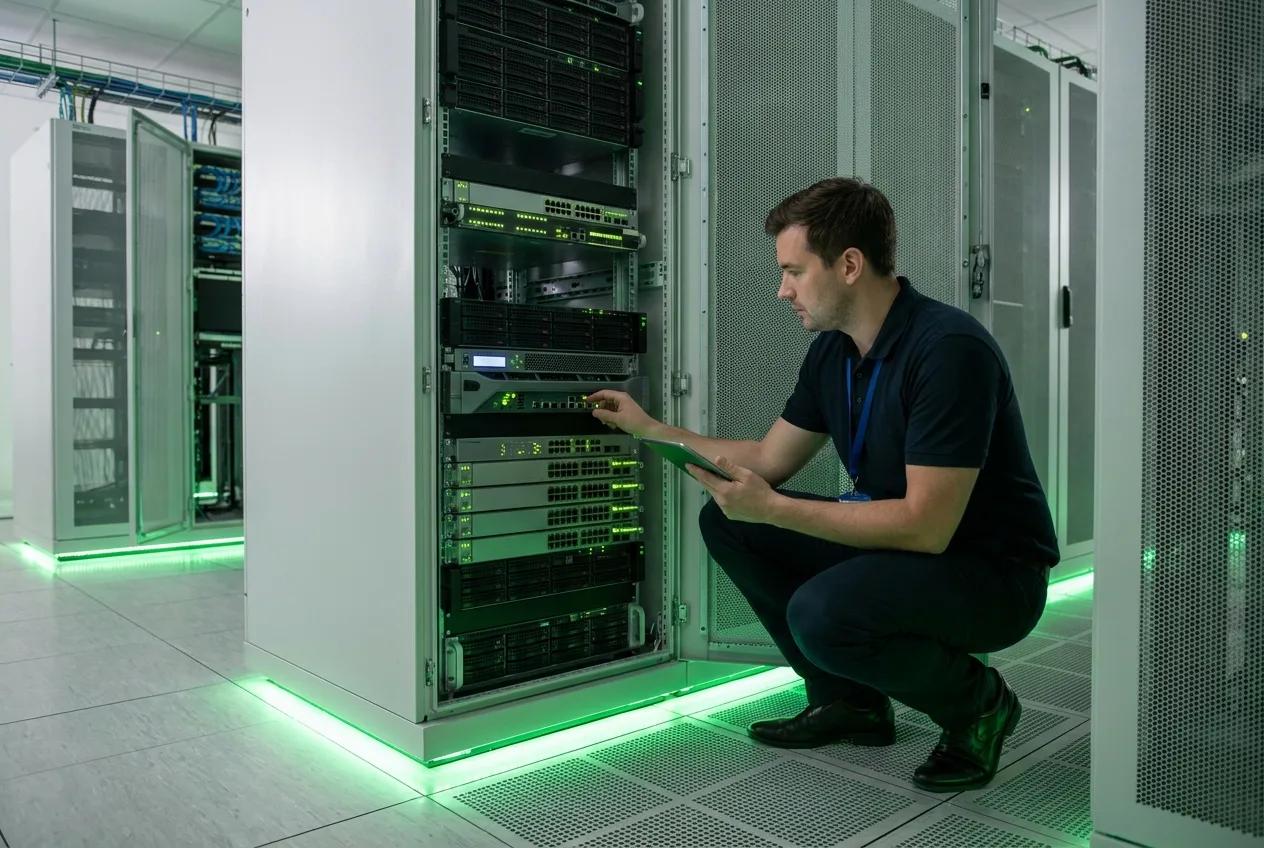 IT-Techniker im Serverraum konfiguriert Firewall und Netzwerk – Cyber-Sicherheit bei NK IT Service