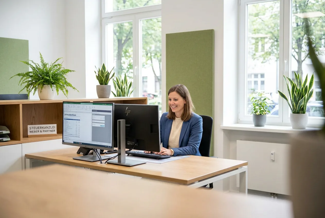 Aufgeräumter DATEV-Arbeitsplatz in einer Steuerkanzlei – betreut von NK IT Service Rastatt