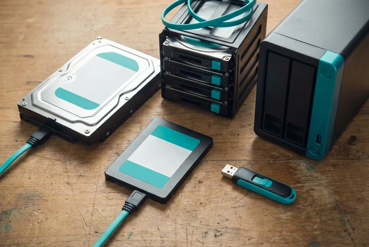 Verschiedene Datenträger – Festplatten, SSDs, USB-Sticks und Speicherkarten – zur Datenrettung angeordnet