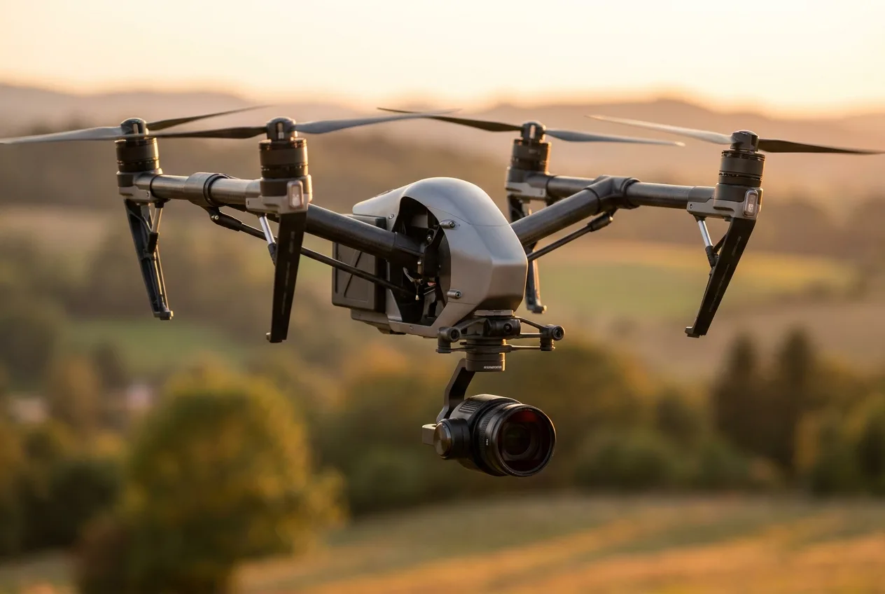 Profi-Drohne mit 4K-Kamera und Gimbal im Flug – Film- und Marketingaufnahmen