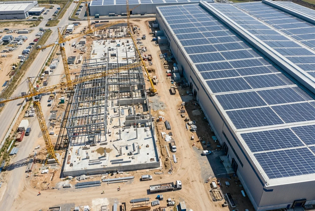 Luftaufnahme einer Baustelle mit Industriehalle und Photovoltaik-Dach – Inspektion und Baudokumentation per Drohne