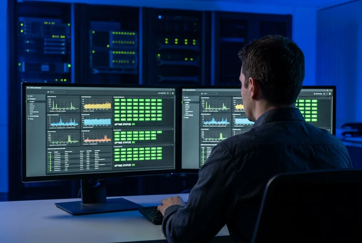 Administrator von NK IT Service überwacht Server und Websites am Monitoring-Dashboard