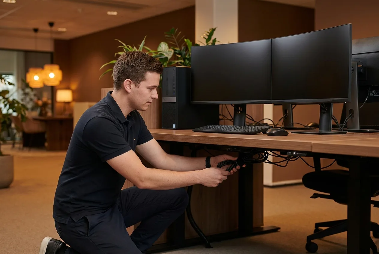 Techniker richtet einen Büro-Arbeitsplatz mit PC und Monitoren ein – NK IT Service Rastatt