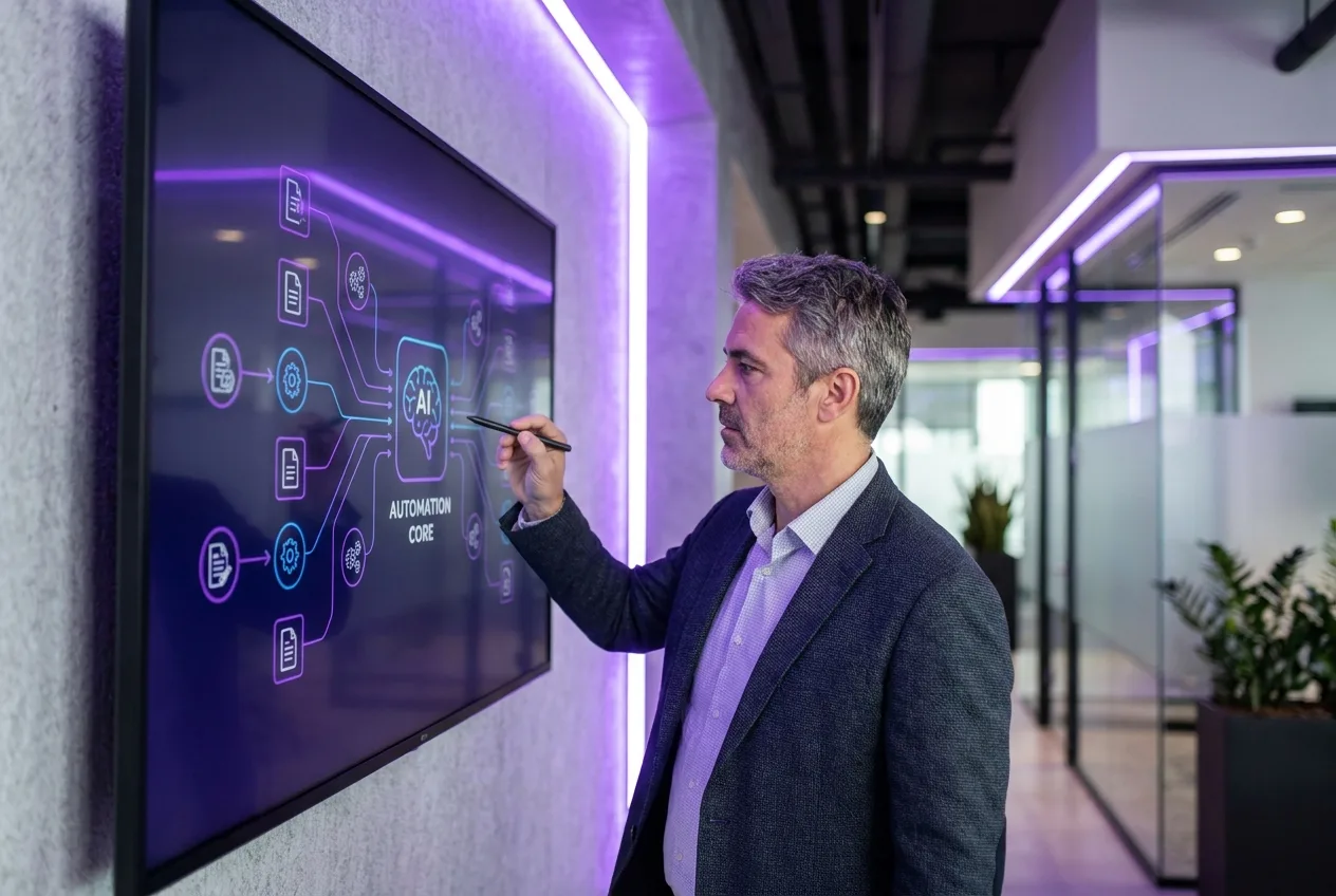 IT-Berater erklärt am Bildschirm ein Workflow-Diagramm zur KI-Prozessautomatisierung von Dokumenten