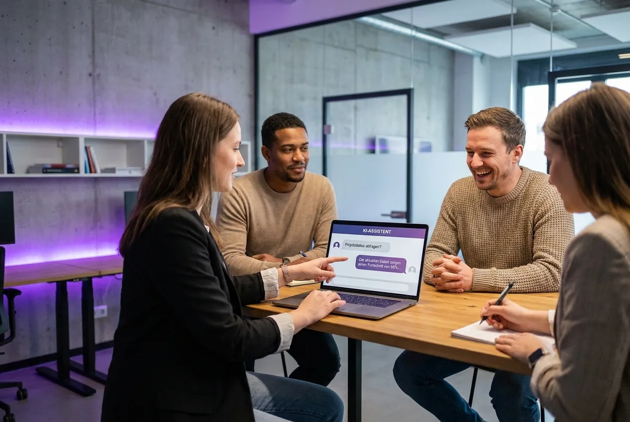 Team arbeitet gemeinsam mit einem KI-Chat-Assistenten im Büro – KI-Schulung bei NK IT Service