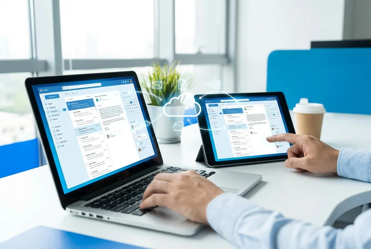 Laptop und Tablet mit synchronen Daten – Microsoft 365 Cloud-Speicher bei NK IT Service