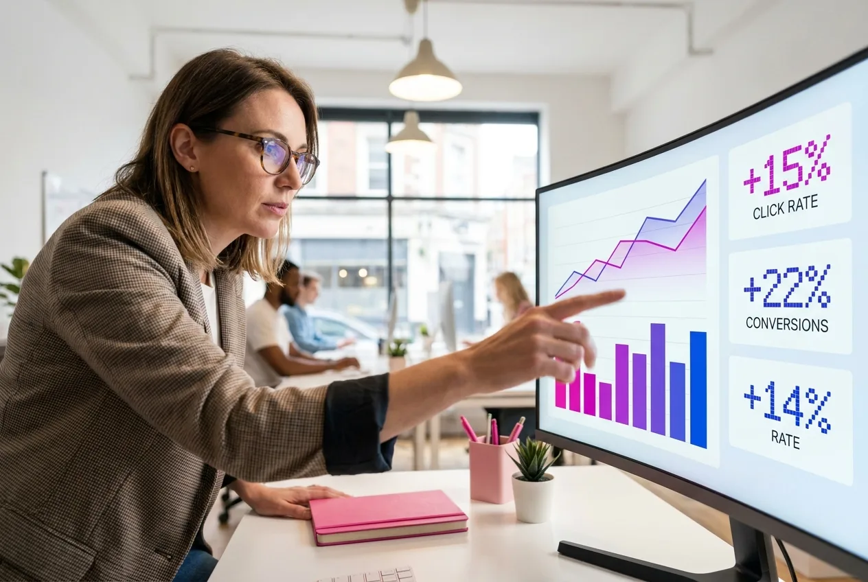 Marketing-Expertin wertet Kampagnen-Kennzahlen am Dashboard aus – Kampagnen-Betreuung bei NK IT Service