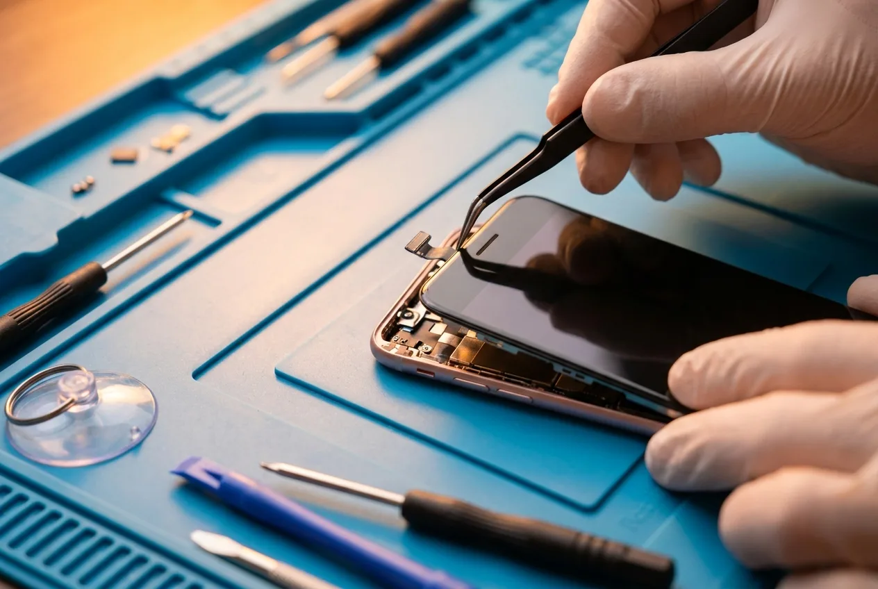 Reparatur eines Smartphones – Display-Wechsel mit Spezialwerkzeug bei NK IT Service