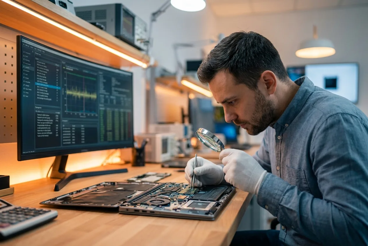 Techniker repariert ein Notebook in der Werkstatt von NK IT Service in Rastatt