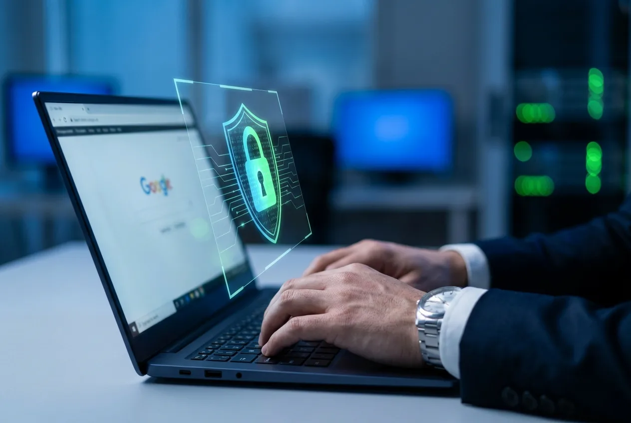 Hände am Laptop mit Schloss-Symbol – Updates und Backups laufen unbemerkt im Hintergrund