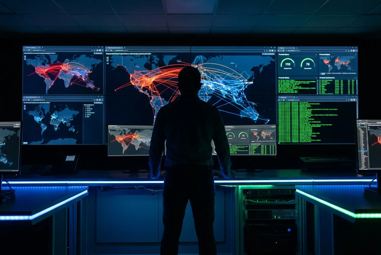 Sicherheits-Analyst vor einer Monitoring-Wand – 24/7-Überwachung von Websites bei NK IT Service