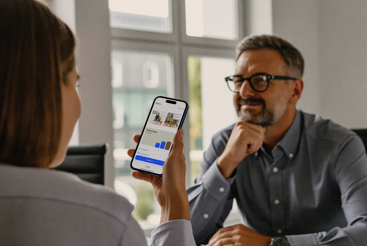 Consultation: an IT consultant shows a business owner the custom app on a smartphone – software development by NK IT Service