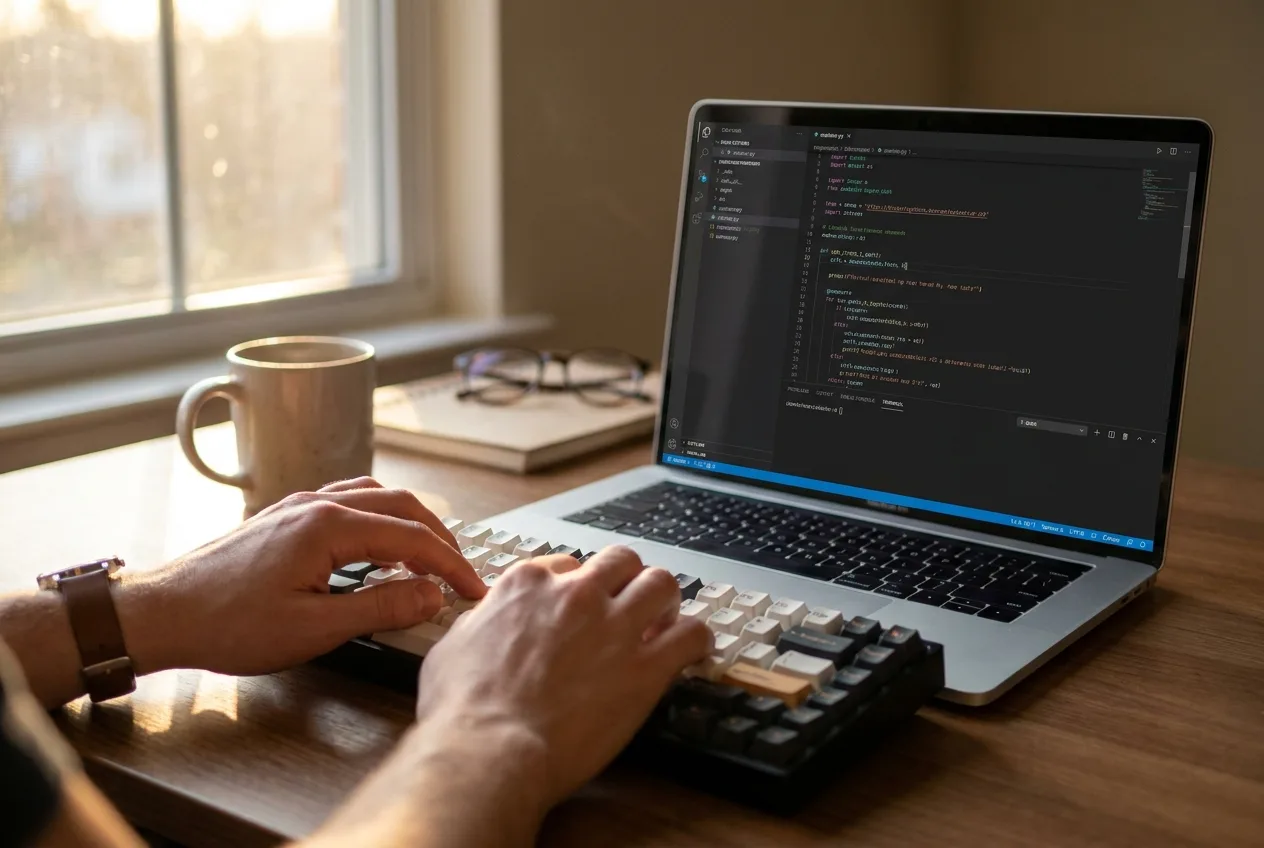 Entwickler schreibt sauberen, strukturierten Quellcode am Laptop – NK IT Service