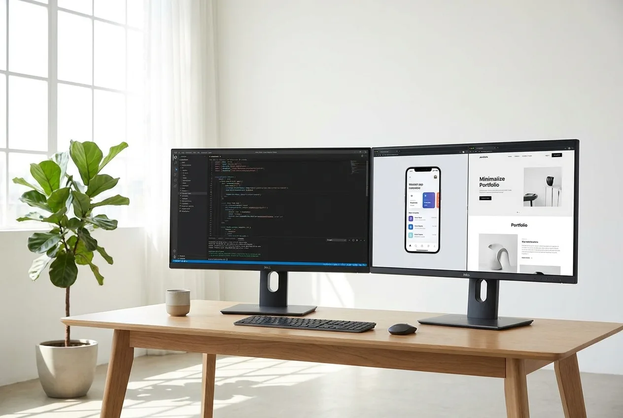 Zwei Monitore: links der Quellcode, rechts die fertige App und das Website-Design – Ergebnis der Entwicklung bei NK IT Service