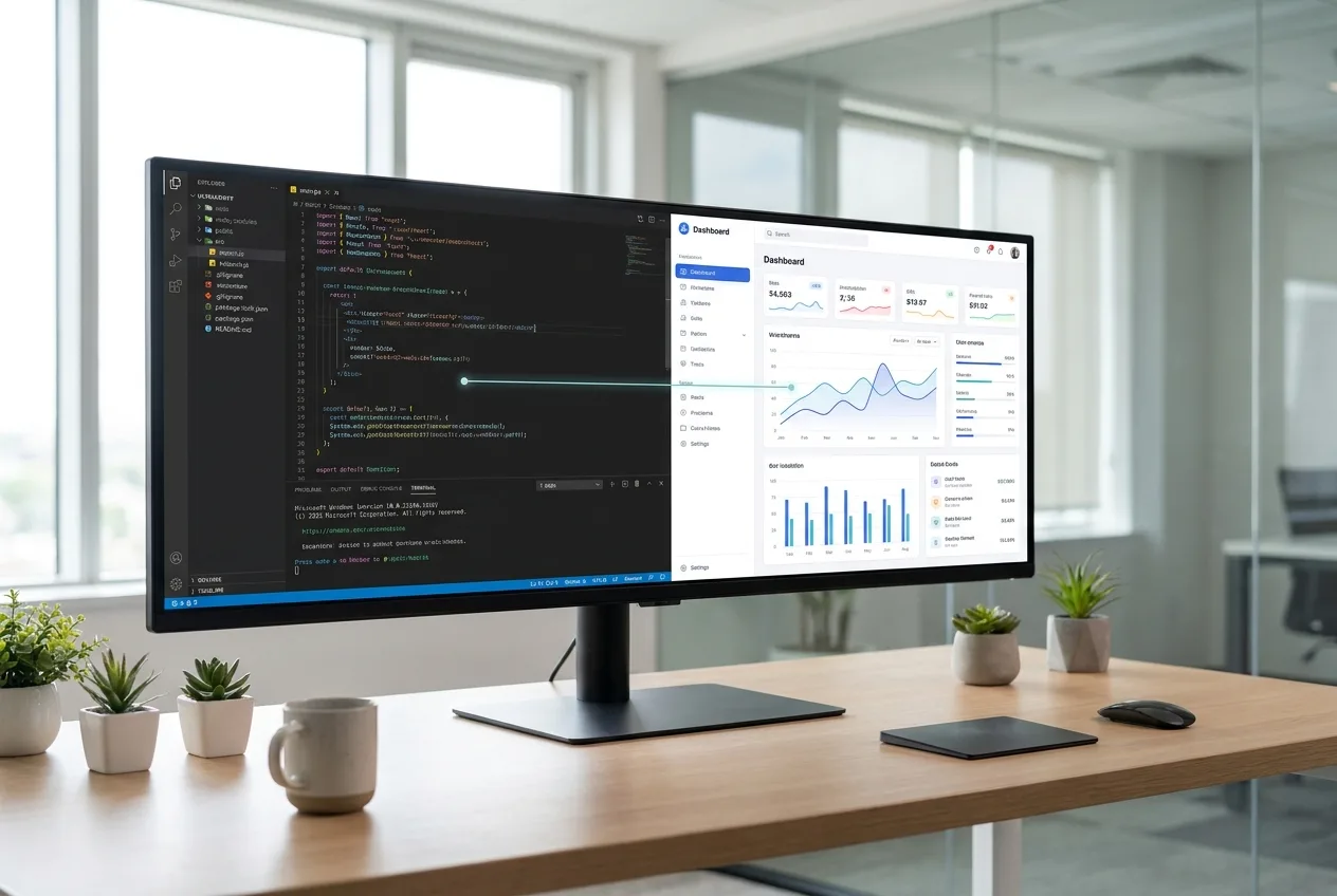 Großer Monitor zeigt links den Quellcode und rechts die fertige Web-Anwendung – individuelle Softwareentwicklung bei NK IT Service