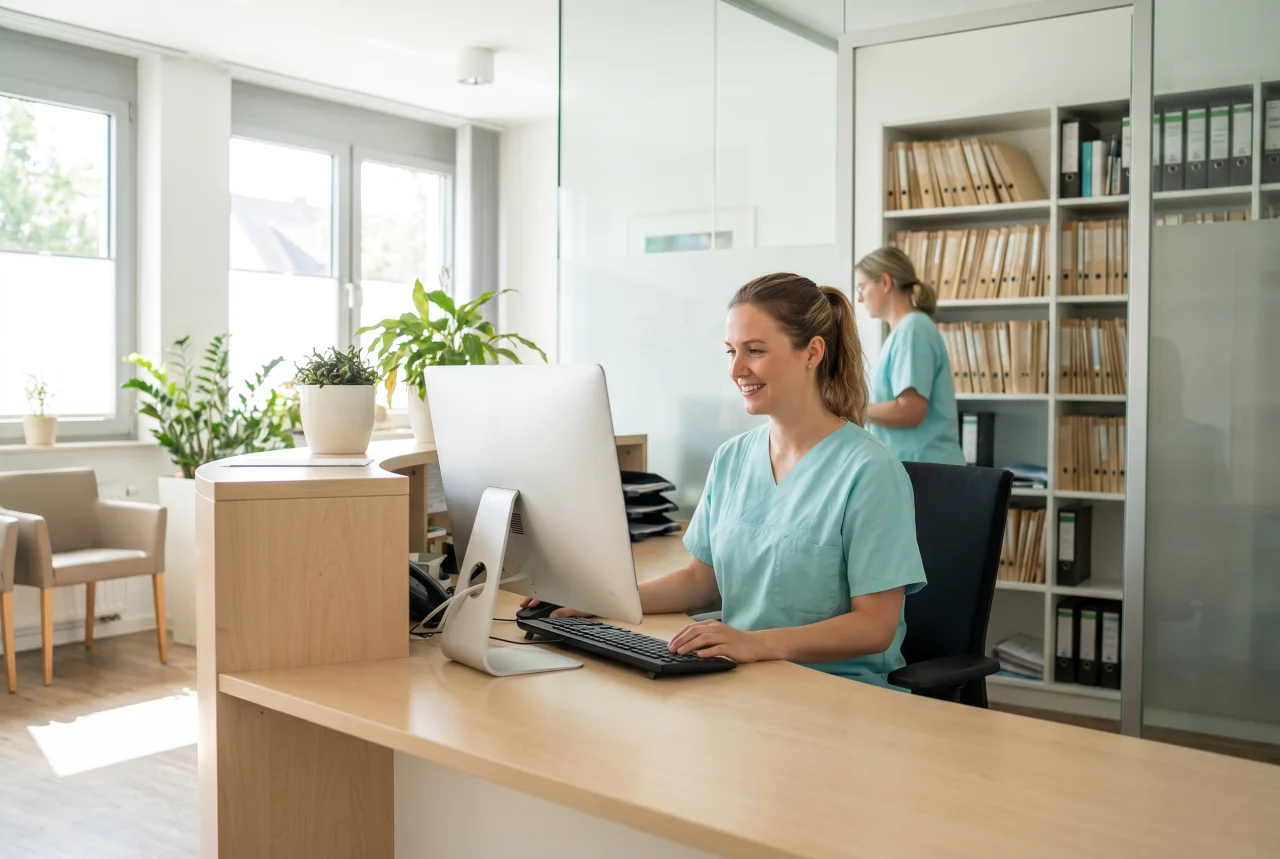 Medizinische Fachangestellte am Empfang einer Arztpraxis arbeitet am Computer – Praxisalltag mit funktionierender TI