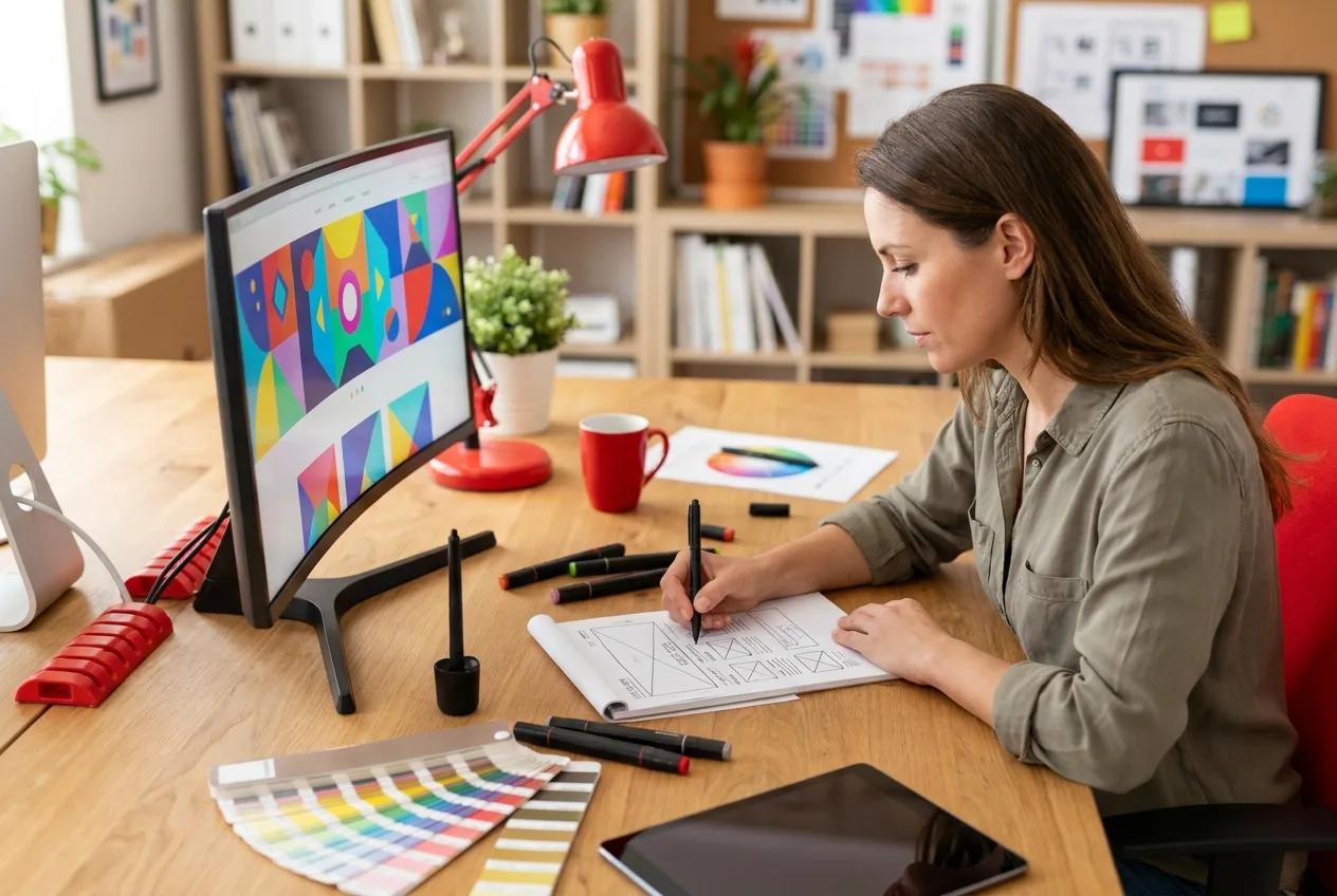 Webdesignerin entwirft Wireframes und Farbkonzept für eine individuelle Firmenwebsite